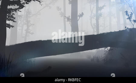 fallen tree, natural bridge in magical forest, dark and foggy fantasy forest landscape Stock Photo