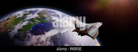 spaceship in orbit of planet Earth, shuttle orbiting the blue planet (3d science fiction rendering banner, elements of this image are furnished by NAS Stock Photo