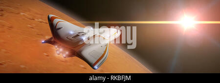 futuristic spaceship in orbit of the planet Mars, shuttle mission to the red planet (3d science fiction illustration banner, elements of this image ar