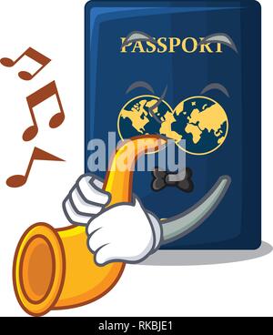 With trumpet blue passport in the mascot bag vector illustration Stock Vector