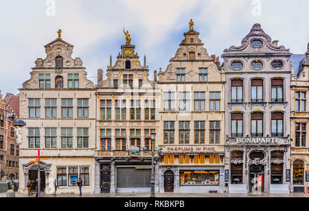 Cityscape with traditional gothic medieval guildhouses on Grote Markt square, Great Market square in old town Antwerp, Belgium Stock Photo