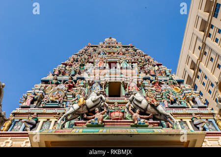 Five-tiered gopuram at the entrance to Sri Maha Mariamman Temple in Kuala Lumpur, Malaysia. Stock Photo