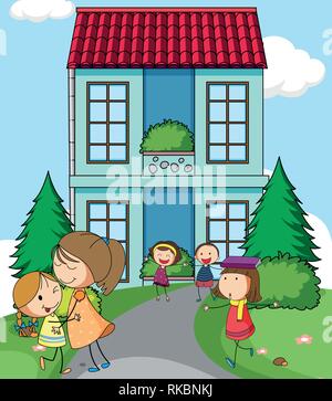 Children infront of simple house illustration Stock Vector