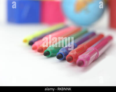 close up. multicolored markers on white background. photo with copy space Stock Photo