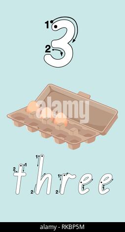 Number three tracing worksheets illustration Stock Vector