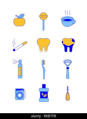 Dentistry icons. Thin line vector signs of what causes general dental diseases and how to prevent it. Oral hygiene supplies for individual use. Simple Stock Vector