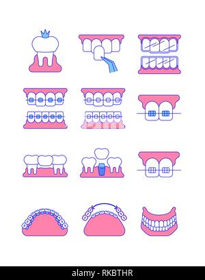 Dental clinic surgery services thin line vector icons. Dental implant, bridge, veneer, crown concepts. Orthodontic treatment such as metal, ceramic, l Stock Vector