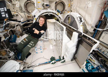 NASA astronaut Anne McClain works inside the Japanese Kibo laboratory module aboard the International Space Station January 29, 2019 in Earth Orbit. McClain is setting up and installing small satellite deployment hardware inside the airlock to eject a set of CubeSats outside the Japanese module. Stock Photo