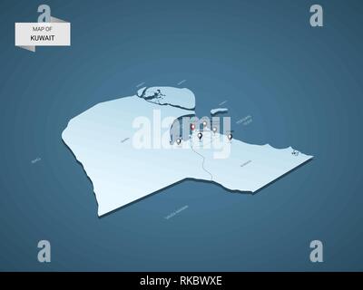 Isometric 3D Kuwait map,  vector illustration with cities, borders, capital, administrative divisions and pointer marks; gradient blue background.  Co Stock Vector