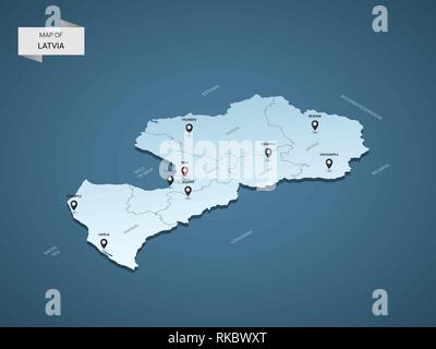 Isometric 3D Latvia map,  vector illustration with cities, borders, capital, administrative divisions and pointer marks; gradient blue background.  Co Stock Vector