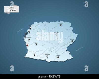 Isometric 3D Lesotho map,  vector illustration with cities, borders, capital, administrative divisions and pointer marks; gradient blue background.  C Stock Vector