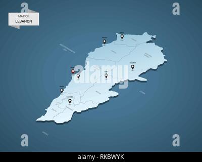 Isometric 3D Lebanon map,  vector illustration with cities, borders, capital, administrative divisions and pointer marks; gradient blue background.  C Stock Vector