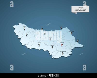Isometric 3D Luxembourg map,  vector illustration with cities, borders, capital, administrative divisions and pointer marks; gradient blue background. Stock Vector