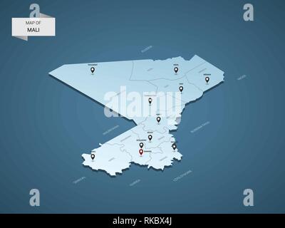 Isometric 3D Mali map,  vector illustration with cities, borders, capital, administrative divisions and pointer marks; gradient blue background.  Conc Stock Vector