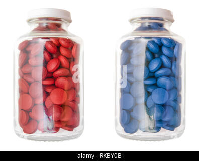 Red And Blue Pills Or Tablets In Glass Containers Isolated On A White Background Stock Photo