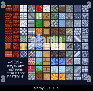 Pixel art style set of different 16x16 texture pattern sprites - stone, wood, brick, dirt, metal - 8 bit game design background tiles Stock Vector