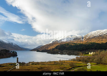 Looking Down on Loch Shiel and the Jacobite memorial in the Scottish Highlands Stock Photo