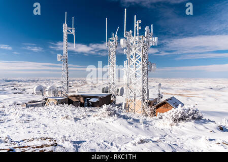 Snow Covered Communication Towers Atop Steptoe Butte. Stock Photo