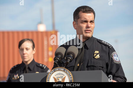 U.S. Customs and Border Protection Deputy Commissioner Robert Perez introduces Vice President Mike Pence during a visit to the Dundalk Marine Terminal at the Port of Baltimore February 8, 2019 in Baltimore, Maryland. Stock Photo