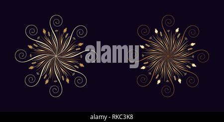 Floral flourish ornament in golden calligraphic style with 8 repeating rays. Vector radial decoration, round herbal bouquet with flowers and leaves, b Stock Vector