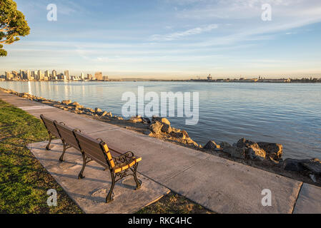 San Diego Harbor and Skyline as viewed from Harbor Island. San Diego, California, USA. Stock Photo