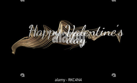 Happy Valentine's Day message words made by silver braided wavy strings gold lines over dark black background. 3d illustration Stock Photo