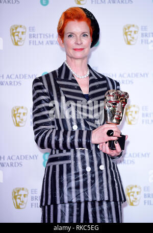 Sandy Powell with her Best Costume Design Bafta in the press room at the 72nd British Academy Film Awards held at the Royal Albert Hall, Kensington Gore, Kensington, London. Stock Photo