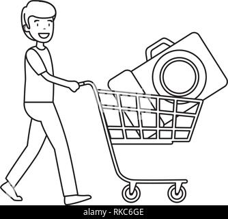 man with photographic camera in shopping cart vector illustration design Stock Vector