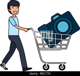 man with photographic camera in shopping cart vector illustration design Stock Vector