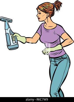 washing cleaning sprayer, woman. Comic cartoon pop art retro vector illustration drawing Stock Vector