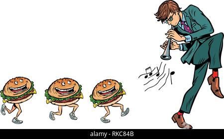 burgers go for a man with a pipe horn. Comic cartoon pop art retro vector illustration drawing Stock Vector