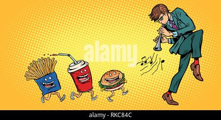 fast food goes for man playing music. Comic cartoon pop art retro vector illustration drawing Stock Vector