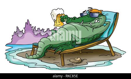 cartoon alligator sunbathing and relaxing on the beach vector illustration Stock Vector