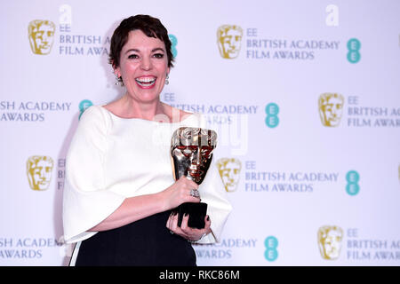 Olivia Colman with her Best Actress in a Leading Role Bafta for The Favourite in the press room at the 72nd British Academy Film Awards held at the Royal Albert Hall, Kensington Gore, Kensington, London. Stock Photo