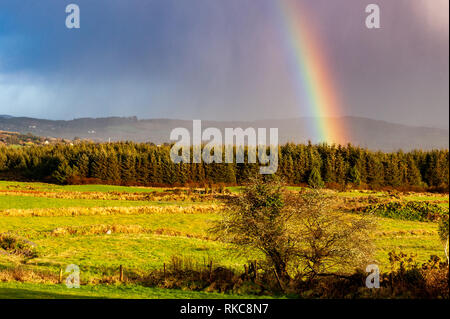 Ballydehob, West Cork, Ireland. 10th Feb, 2019.  A rainbow appears over Ballydehob after a very cold, mixed day of sunshine and wintry showers.  Next week will become milder. Credit: Andy Gibson/Alamy Live News. Stock Photo