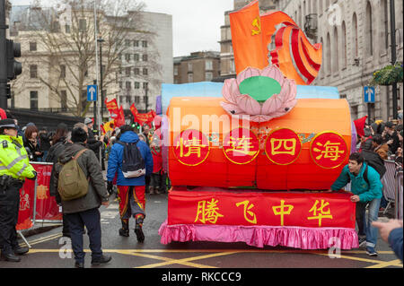 London, UK. 10th Feb, 2019. Floats approach Trafalgar Square in London, England, UK., during Chinese New Year celebrations. Credit: Ian Laker/Alamy Live News. Stock Photo
