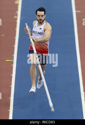 Birmingham, UK. 10th Feb, 2019. Jack Phipps in Men's Pol Vault Final during SPAR British Athletics Indoor Championships 2019 at Arena Birmingham on Sunday, 10 February 2019. BIRMINGHAM ENGLAND.  (Editorial use only, license required for commercial use. No use in betting, games or a single club/league/player publications.) Credit: Taka G Wu Credit: Taka Wu/Alamy Live News Stock Photo