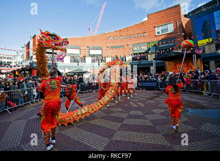 Birmingham, UK. 10th Feb, 2019. 2019 Chinese New Year of the Pig celebrations. Members of the Choy Lee Fut team performing the Dragon dance combining colour and music to create a spectacular performance for the crowd gathered at the Arcadian Centre in Birmingham, United Kingdom on Feb 09, 2019. Credit: NexusPix/Alamy Live News Stock Photo