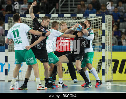 Zagreb, Croatia. 10th Feb, 2019. Senjamin Buric (2nd R) of PPD Zagreb vies with Bjarte Hakon Myrhol (3rd L) and Thomas Mogensen (1st R) of Skjern Handbold during the 11th round of VELUX EHF Champions League handball match between PPD Zagreb and Skjern Handbold in Zagreb, Croatia, Feb. 10, 2019. PPD Zagreb won 32-29. Credit: Jurica Galoic/Xinhua/Alamy Live News Stock Photo