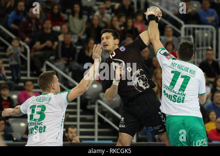 Zagreb, Croatia. 10th Feb, 2019. Ivan Srsen (C) of PPD Zagreb shoots during the 11th round of VELUX EHF Champions League handball match between PPD Zagreb and Skjern Handbold at Arena Zagreb in Zagreb, Croatia, Feb. 10, 2019. PPD Zagreb won 32-29. Credit: Jurica Galoic/Xinhua/Alamy Live News Stock Photo