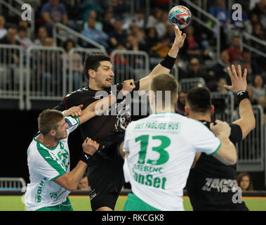 Zagreb, Croatia. 10th Feb, 2019. Ivan Srsen (2nd L) of PPD Zagreb vies with Bjarte Hakon Myrhol (1st L) of Skjern Handbold during the 11th round of VELUX EHF Champions League handball match between PPD Zagreb and Skjern Handbold in Zagreb, Croatia, Feb. 10, 2019. PPD Zagreb won 32-29. Credit: Jurica Galoic/Xinhua/Alamy Live News Stock Photo