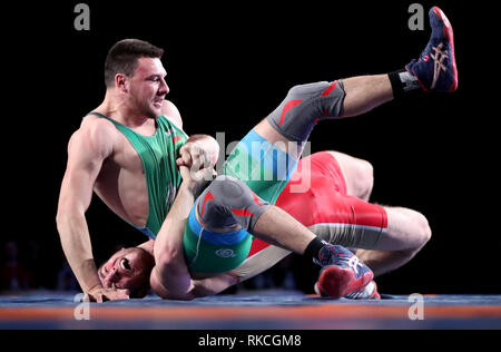 Zagreb, Croatia. 10th Feb, 2019. Ilia Borisov (Bottom) of Russia competes with Kiril Milenov Milov of Bulgaria during the men's Greco-Roman 97kg final match of Wrestling at the 2019 UWW Zagreb Open Grand Prix in Zagreb, Croatia, Feb. 10, 2019. Ilia Borisov claimed the title. Credit: Igor Kralj/Xinhua/Alamy Live News Stock Photo