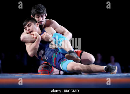 Zagreb, Croatia. 10th Feb, 2019. Kerem Kamel (back) of Turkey competes with Milad Ali Rezanezhad of Iran during the men's Greco-Roman 60kg final match of Wrestling at the 2019 UWW Zagreb Open Grand Prix in Zagreb, Croatia, Feb. 10, 2019. Kerem Kamel claimed the title. Credit: Igor Kralj/Xinhua/Alamy Live News Stock Photo