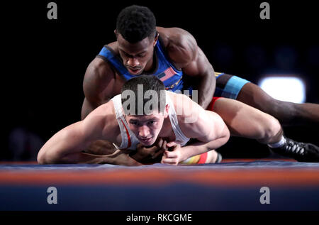 Zagreb, Croatia. 10th Feb, 2019. Islomjon Bakhramov (Bottom) of Uzbekistan competes with Xavier Tramain Johnson of the United States during the men's Greco-Roman 63kg final match of Wrestling at the 2019 UWW Zagreb Open Grand Prix in Zagreb, Croatia, Feb. 10, 2019. Islomjon Bakhramov claimed the title. Credit: Igor Kralj/Xinhua/Alamy Live News Stock Photo