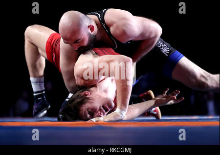 Zagreb, Croatia. 10th Feb, 2019. Daniel Tihomirov Aleksandrov (Bottom) of Bulgaria competes with Emrah Kus of Turkey during the men's Greco-Roman 82kg final match of Wrestling at the 2019 UWW Zagreb Open Grand Prix in Zagreb, Croatia, Feb. 10, 2019. Daniel Tihomirov Aleksandrov claimed the title. Credit: Igor Kralj/Xinhua/Alamy Live News Stock Photo