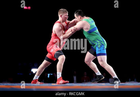 Zagreb, Croatia. 10th Feb, 2019. Oskar Marvik (L) of Norway competes with Muminjon Abdullaev of Uzbekistan during the men's Greco-Roman 130kg final match of Wrestling at the 2019 UWW Zagreb Open Grand Prix in Zagreb, Croatia, Feb. 10, 2019. Oskar Marvik claimed the title. Credit: Igor Kralj/Xinhua/Alamy Live News Stock Photo