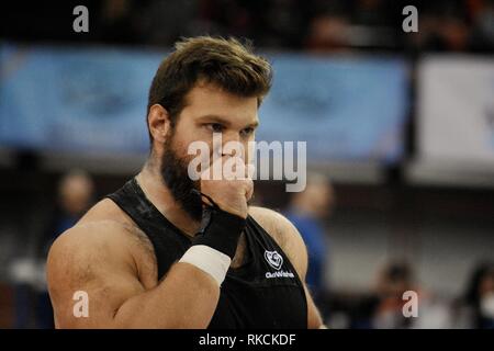 Athlete,Nikolaos Skarvelis seen in action during the Nationwide Indoor track and field championship at the Stadium of Peace and Friendship in Piraeus. Stock Photo