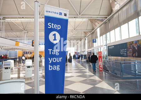 CHICAGO - APRIL 05, 2016: inside of O'Hare International Airport. O'Hare is currently a major hub for American Airlines and United Airlines, as well a Stock Photo