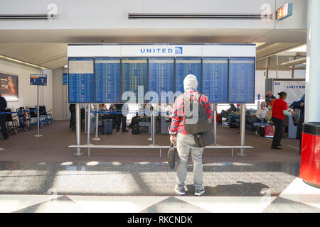 CHICAGO - APRIL 05, 2016: inside of O'Hare International Airport. O'Hare is currently a major hub for American Airlines and United Airlines, as well a Stock Photo