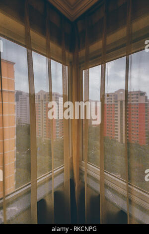 Looking Through Old Apartment Curtains Corner City Residential Landscape Asia Stock Photo